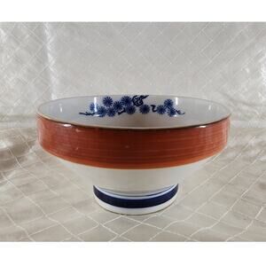 VintageUnmarked Footed Porcelain Bowl 5.5" White Blue Floral GoldTrim RustOrange